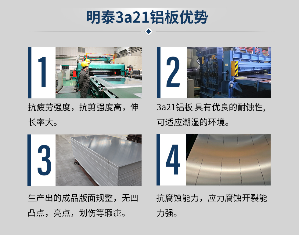 明泰3a21鋁板優(yōu)勢(shì)
　　1、抗疲勞強(qiáng)度，抗剪強(qiáng)度高，伸長(zhǎng)率大。
　　2、3a21鋁板 具有優(yōu)良的耐蝕性,可適應(yīng)潮濕的環(huán)境。
　　3、 生產(chǎn)出的成品版面規(guī)整，無(wú)凹凸點(diǎn)，亮點(diǎn)，劃傷等瑕疵。
　　4、抗腐蝕能力，應(yīng)力腐蝕開(kāi)裂能力強(qiáng)。